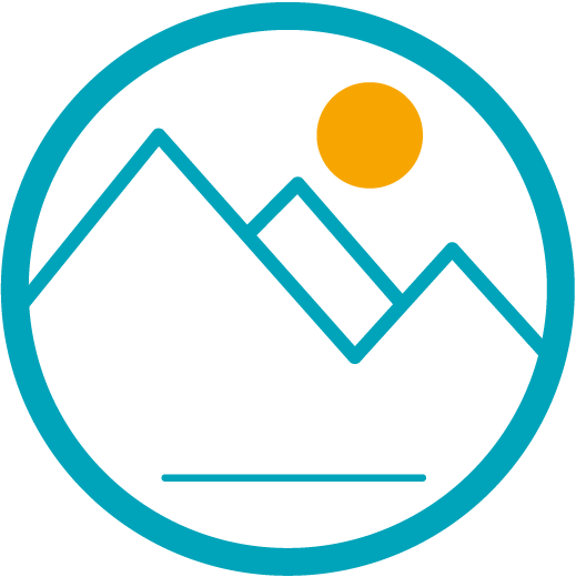Ein kreisförmiges Icon mit Bergkonturen und einem gelben Kreis als Sonne